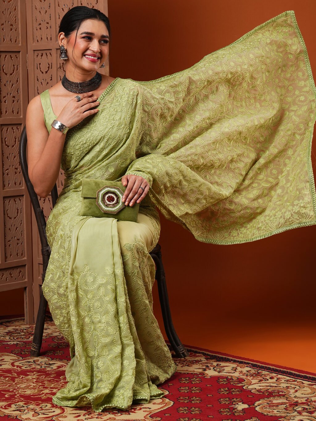 Pista Green Designer Organza Silk Saree - Image 4