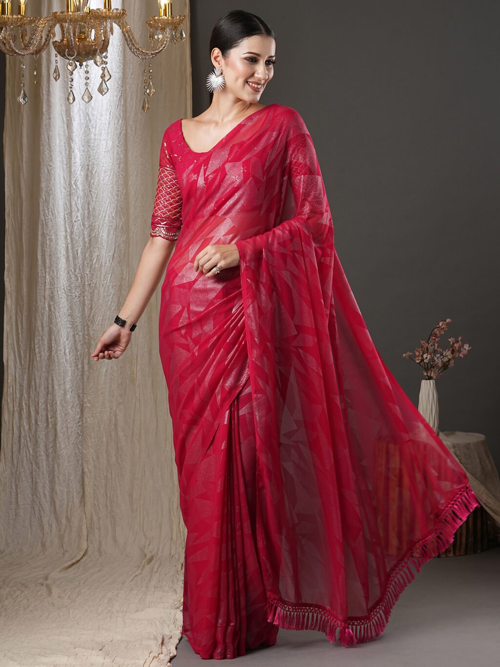 Queen Pink Partywear Georgette Saree - Image 3
