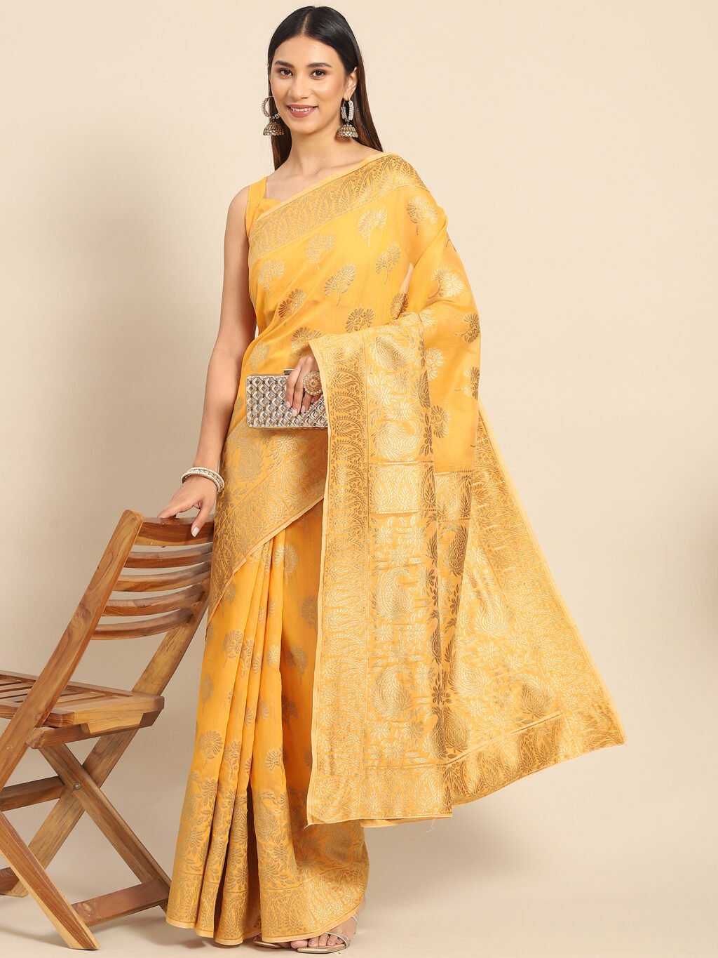 Image of Yellow Cotton Saree