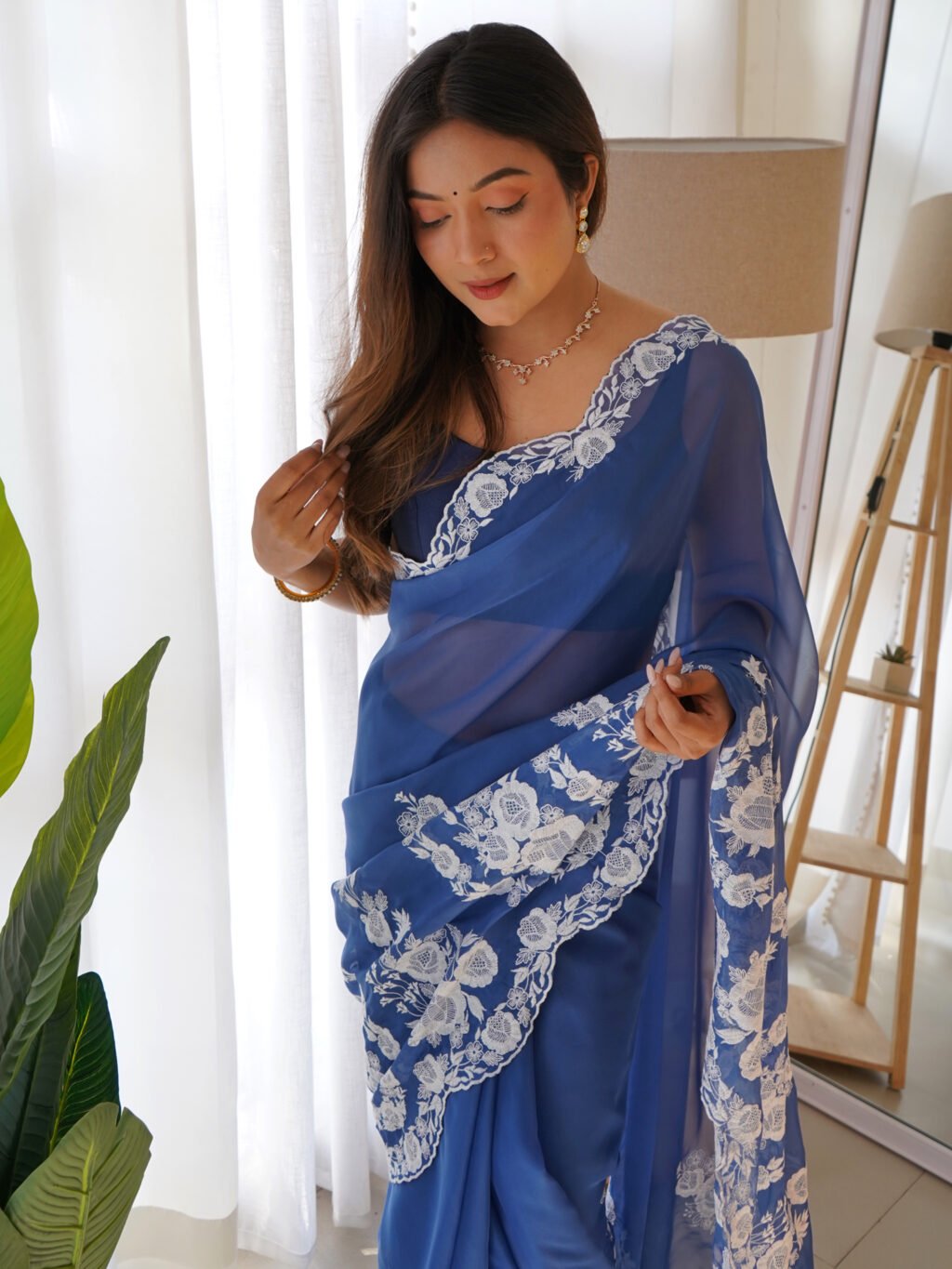 Indigo Blue Organza Silk Saree - Image 3