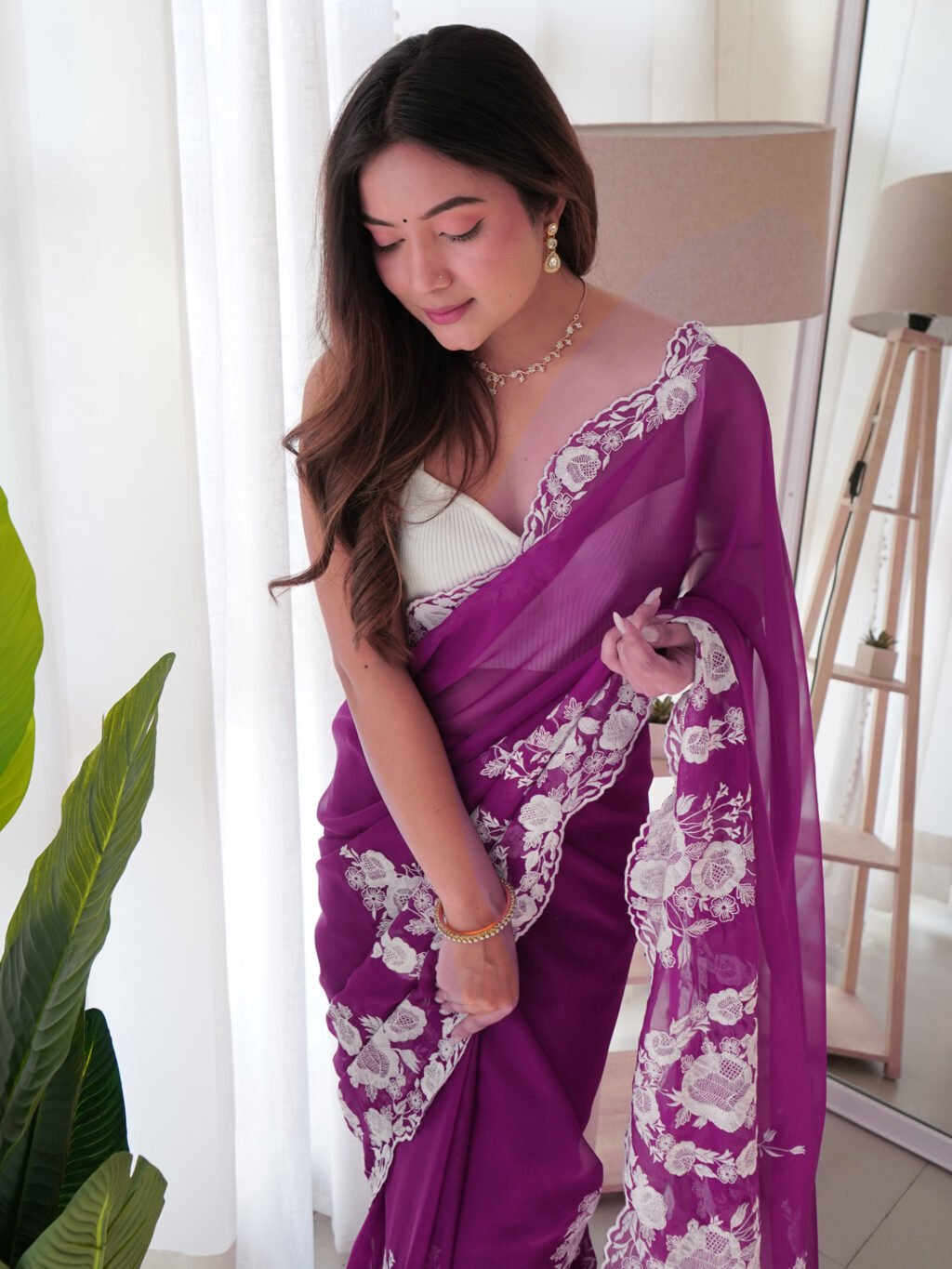 White and Purple Organza Silk Saree - Image 3