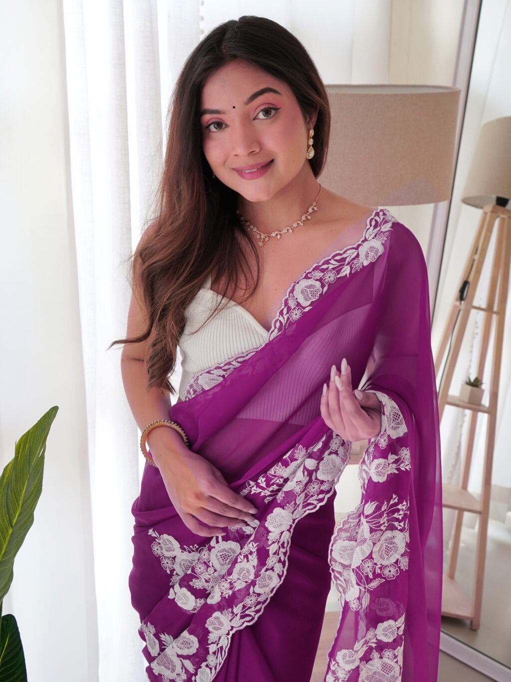 White and Purple Organza Silk Saree - Image 4