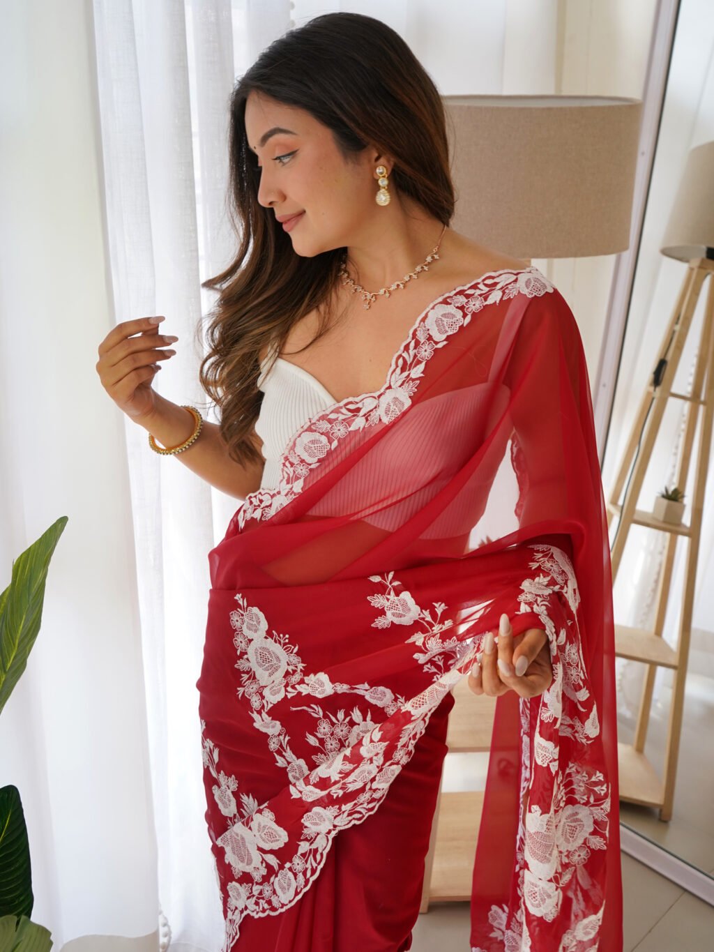 Hot Red Organza Silk Saree - Image 3