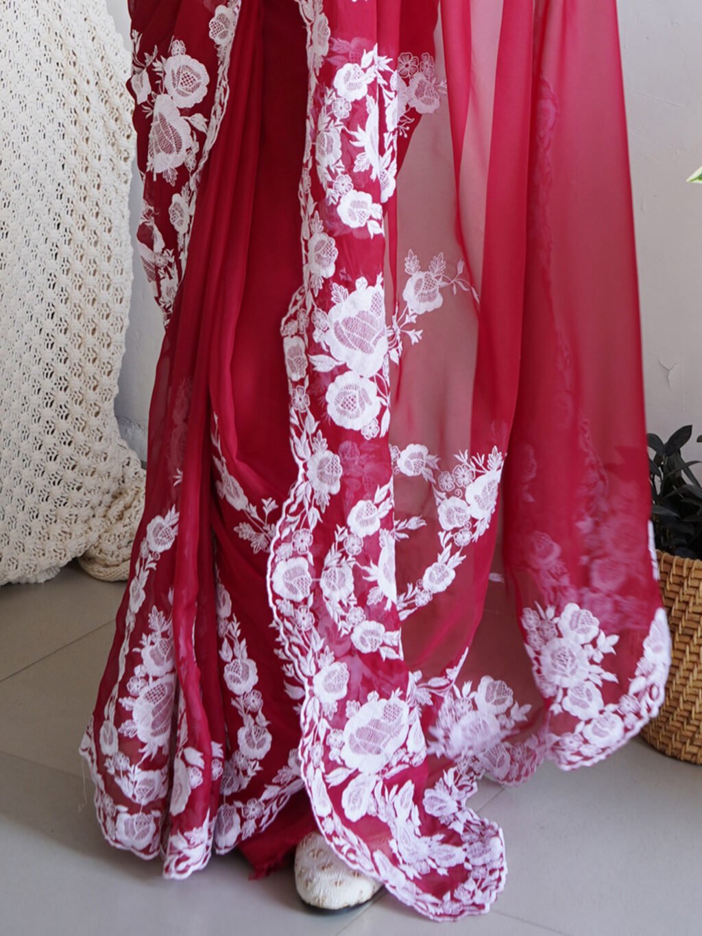 Hot Red Organza Silk Saree - Image 4