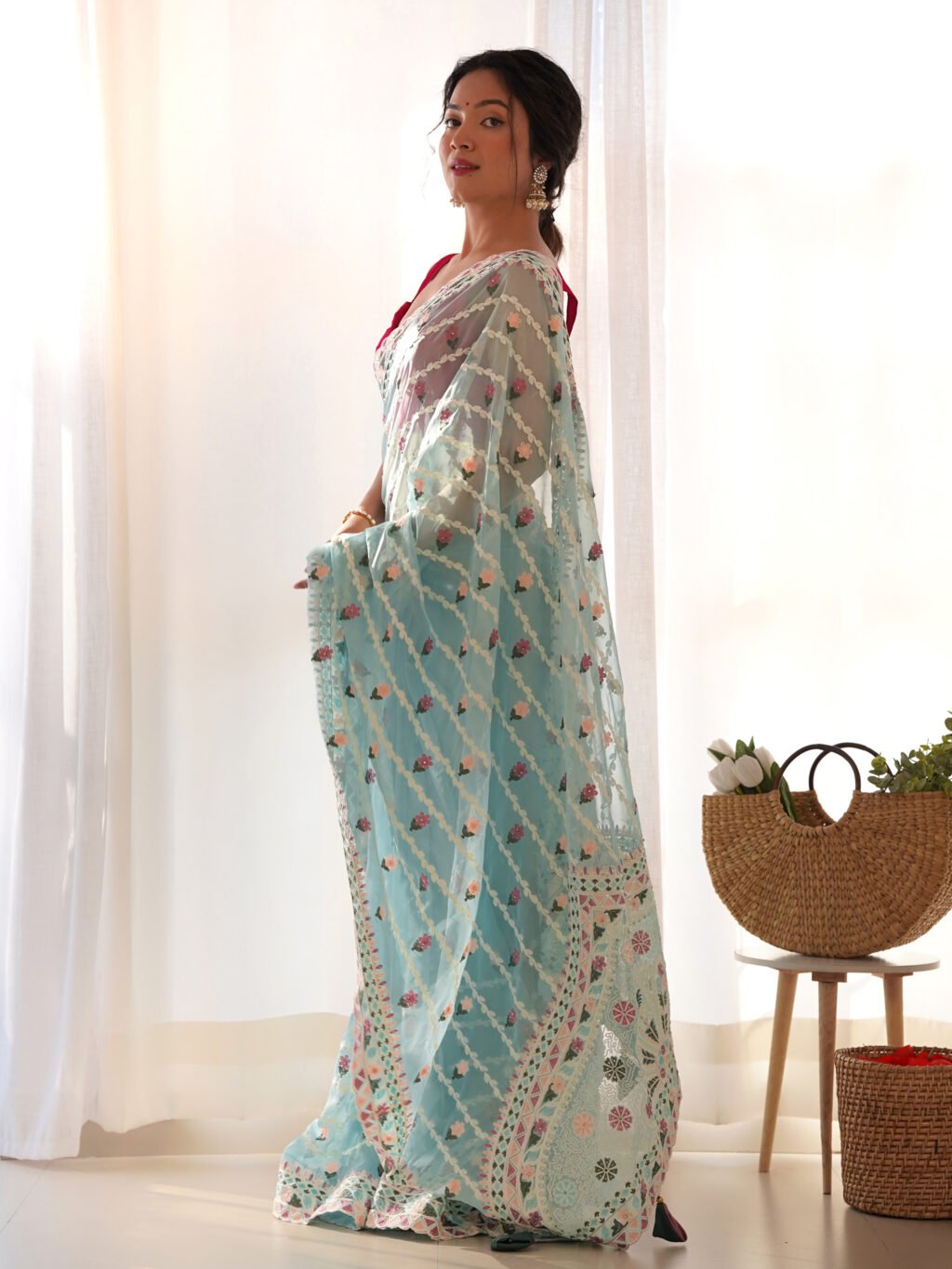 Light Blue Net Saree - Image 3