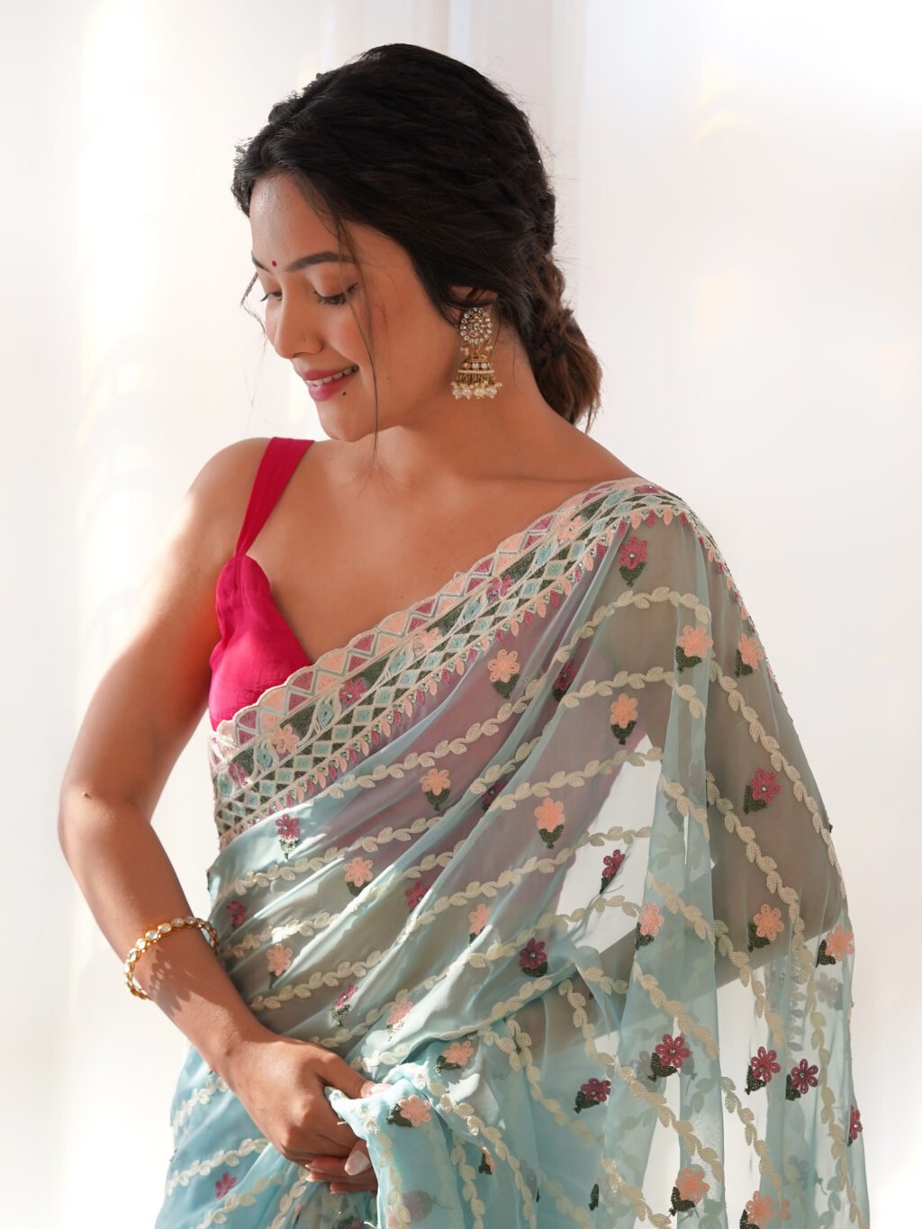 Light Blue Net Saree - Image 4