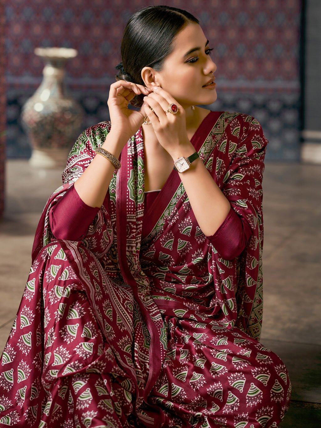 Magenta Pink Ajrakh Crepe Silk Saree - Image 3