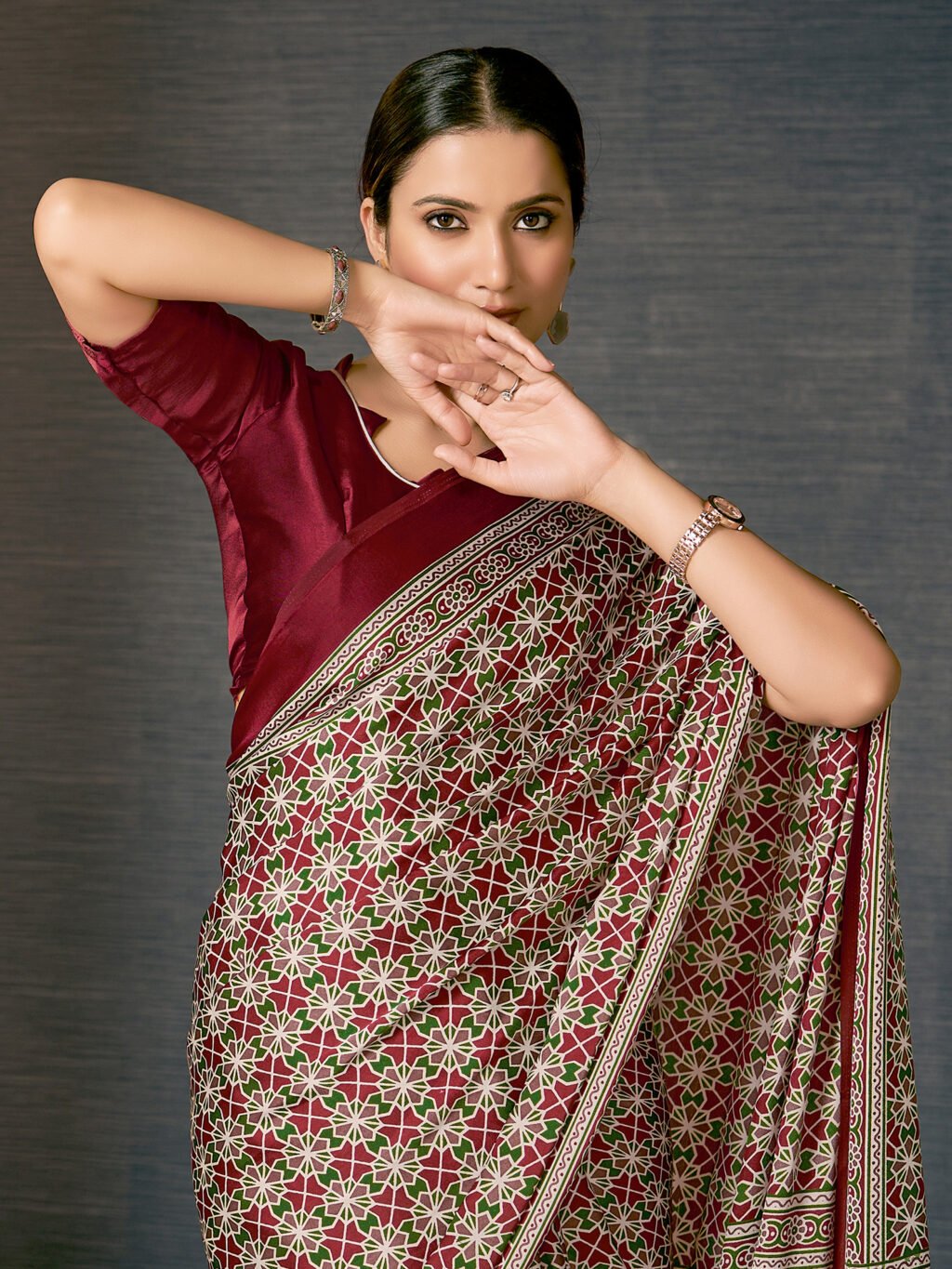 Maroon Ajrakh Crepe Silk Saree - Image 4