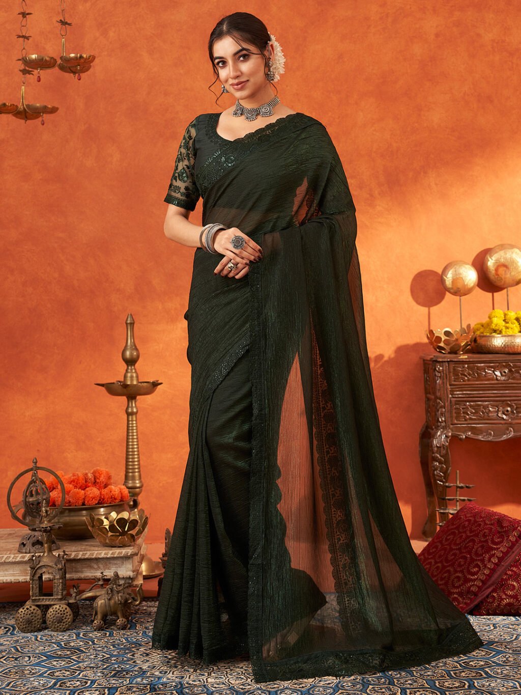 Image of Green Chiffon Saree