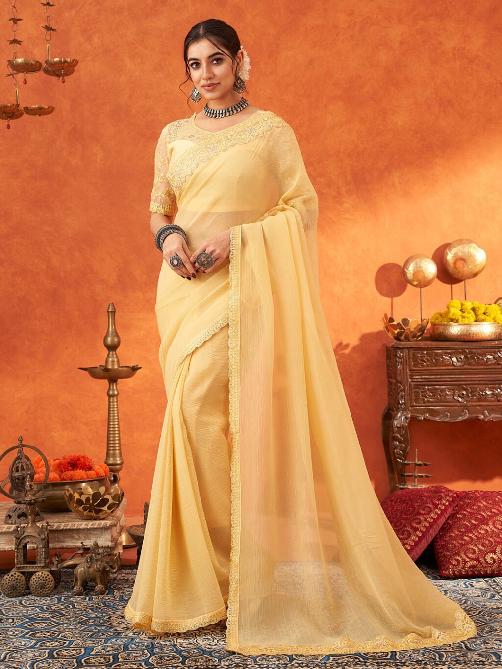 Image of Yellow Chiffon Saree