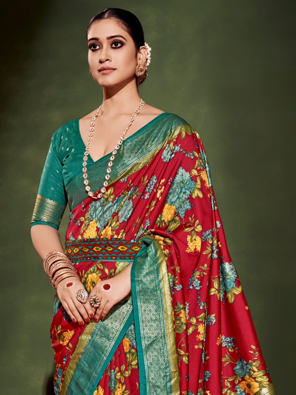 Teal and Pink Tussar Silk Saree - Image 3