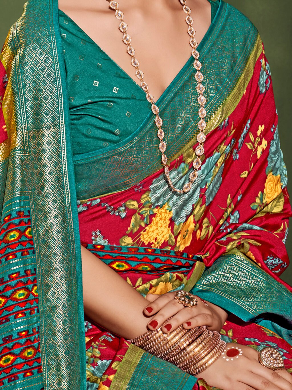 Teal and Pink Tussar Silk Saree - Image 4