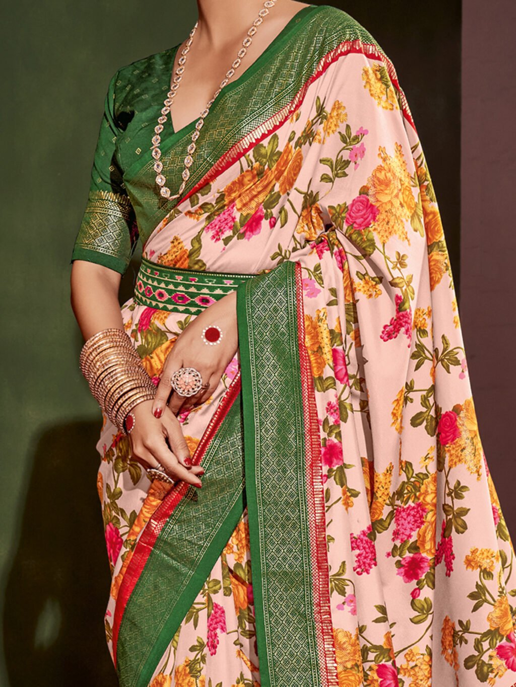 Green and Pink Tussar Silk Saree - Image 3
