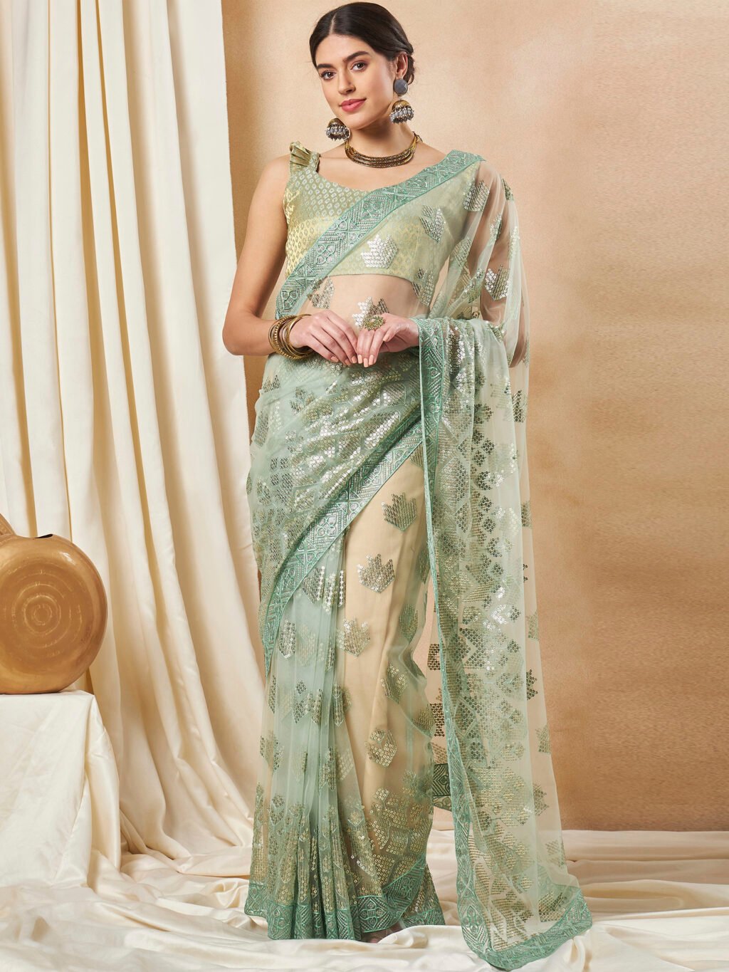 Light Green Net Saree - Image 3
