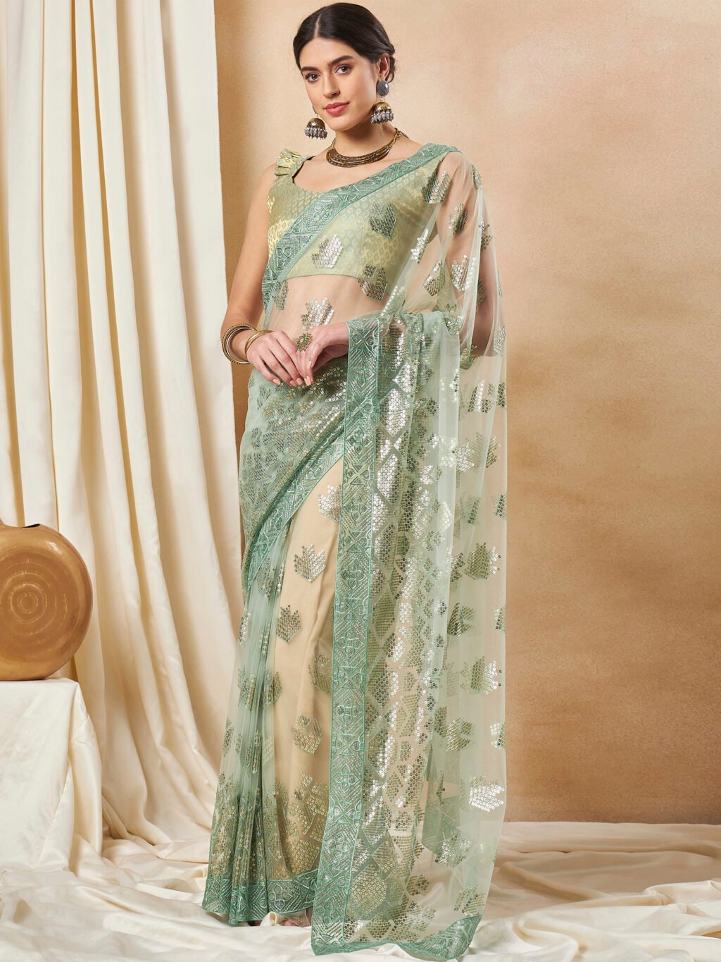 Light Green Net Saree - Image 4