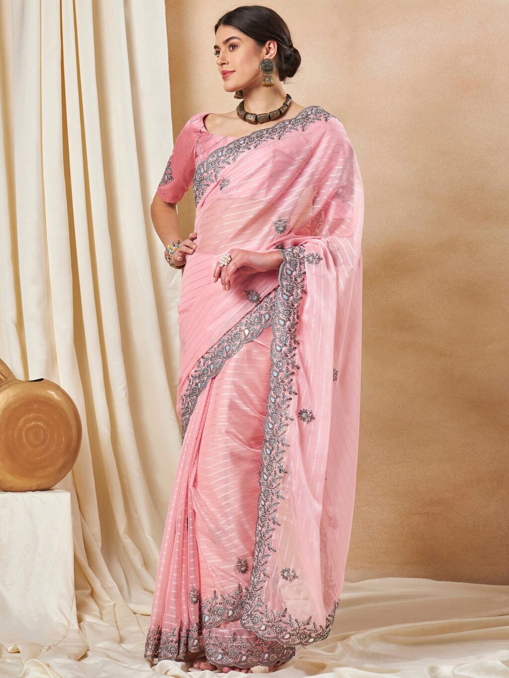 Light Pink Designer Net Saree - Image 3
