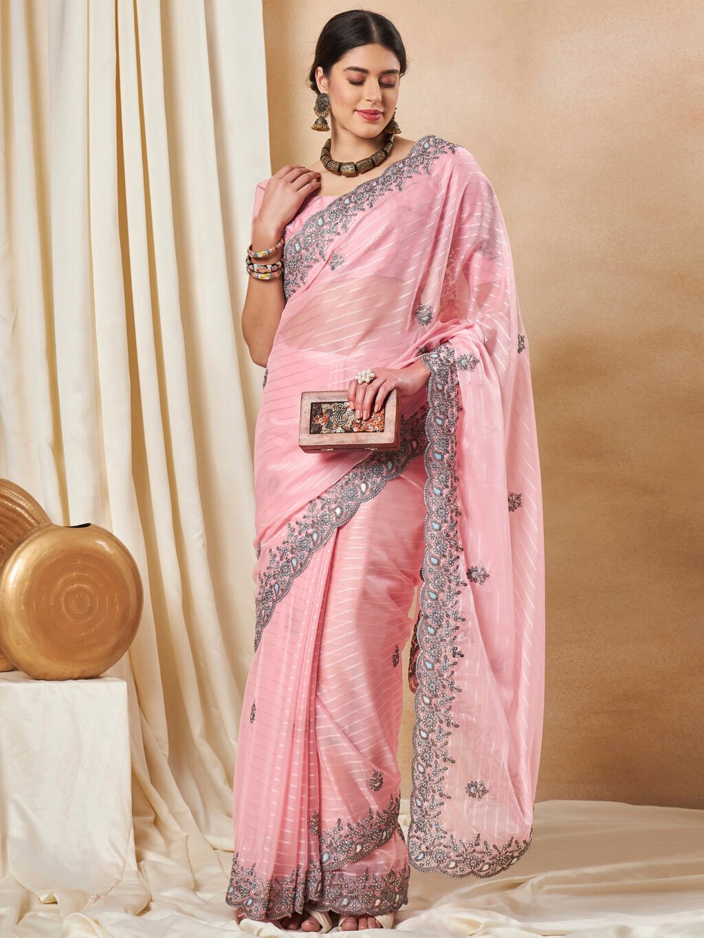 Light Pink Designer Net Saree - Image 4