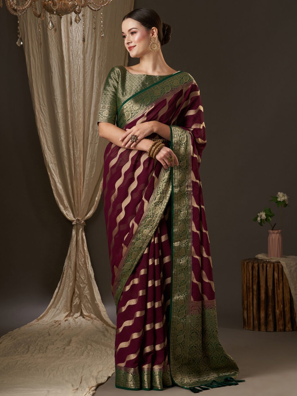 Image of Burgundy Georgette Saree