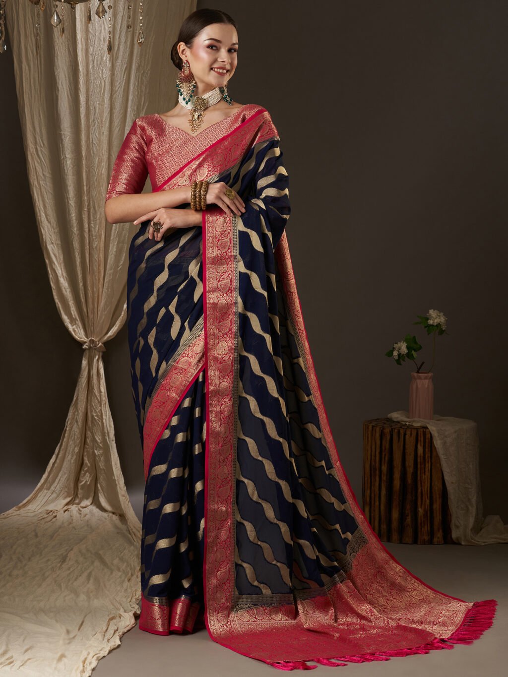 Image of Navy Blue Georgette Saree