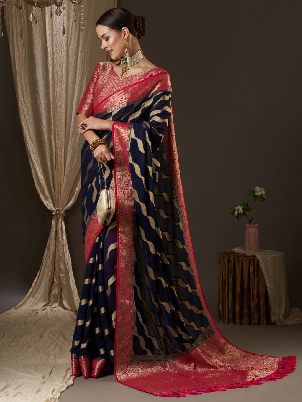 Navy Blue Georgette Saree - Image 4