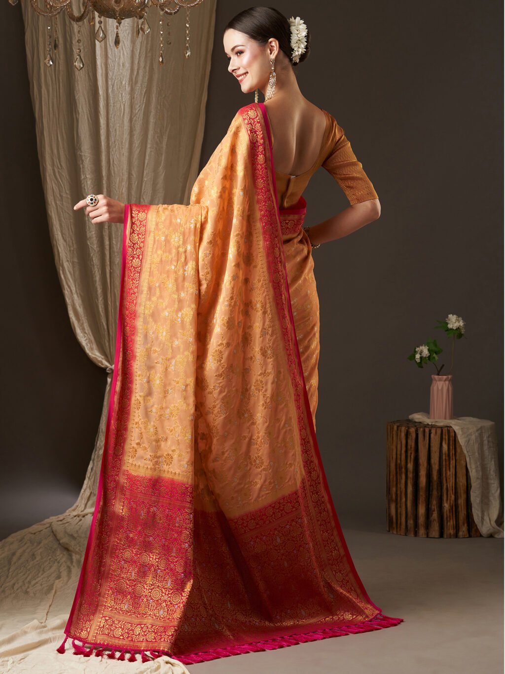 Peach Orange Designer Georgette Saree - Image 3