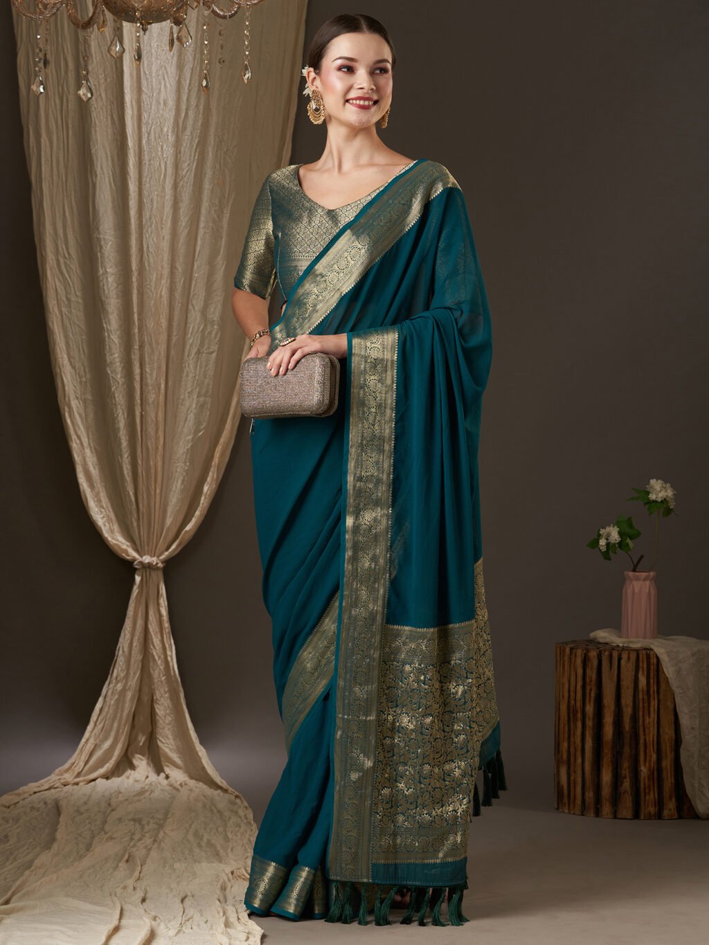 Teal Blue Partywear Georgette Saree - Image 4