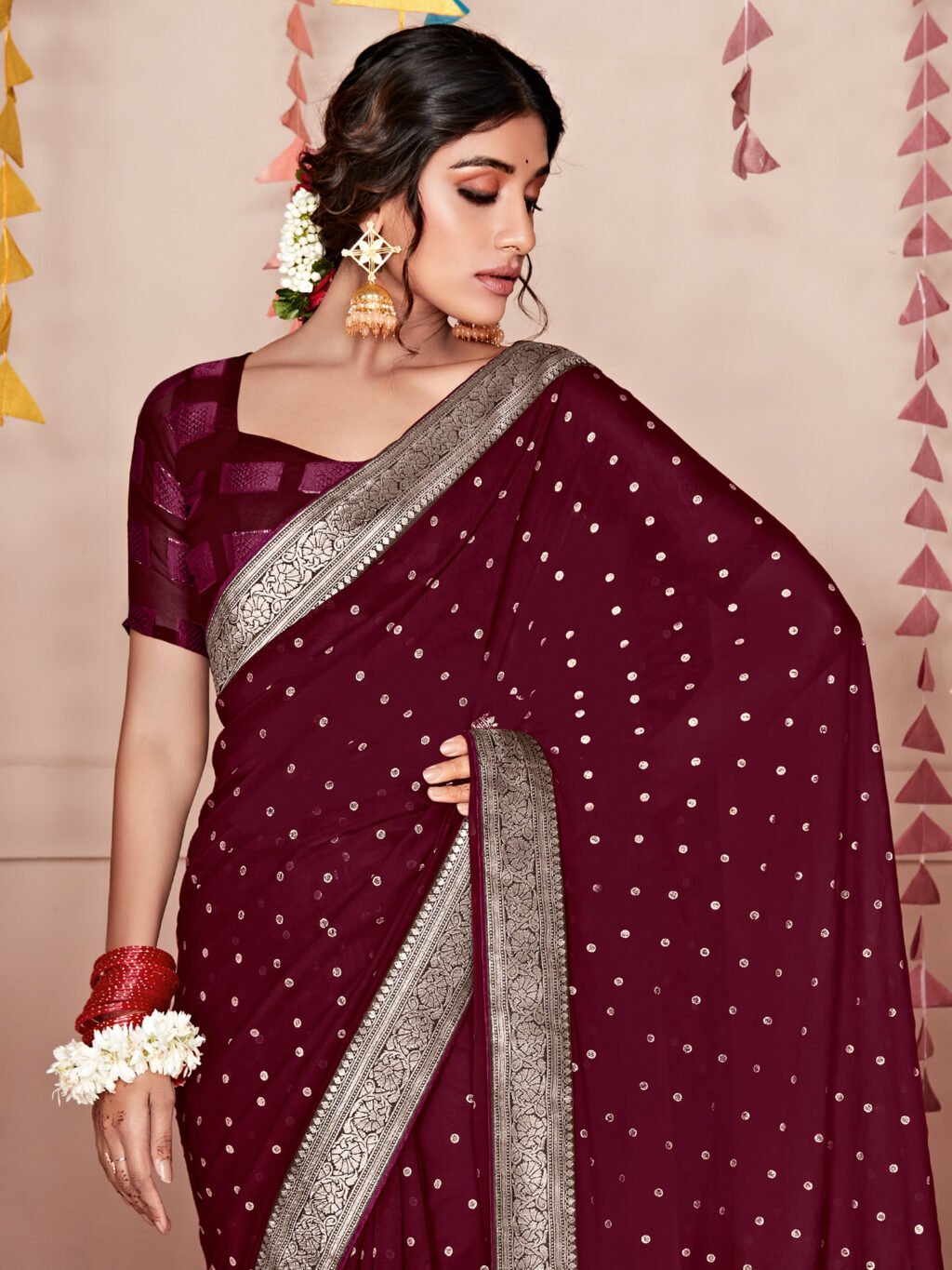 Maroon Designer with Border Georgette Saree - Image 3