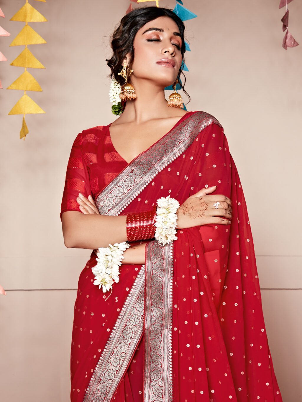 Red Designer with Border Georgette Saree - Image 3