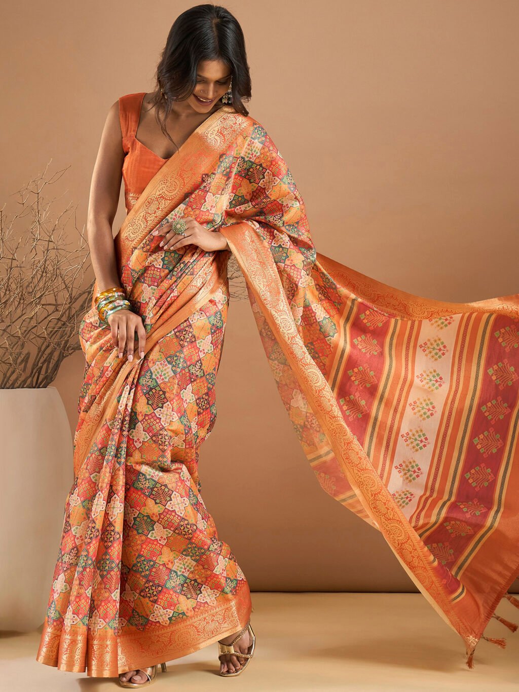 Orange Silk Saree - Image 3