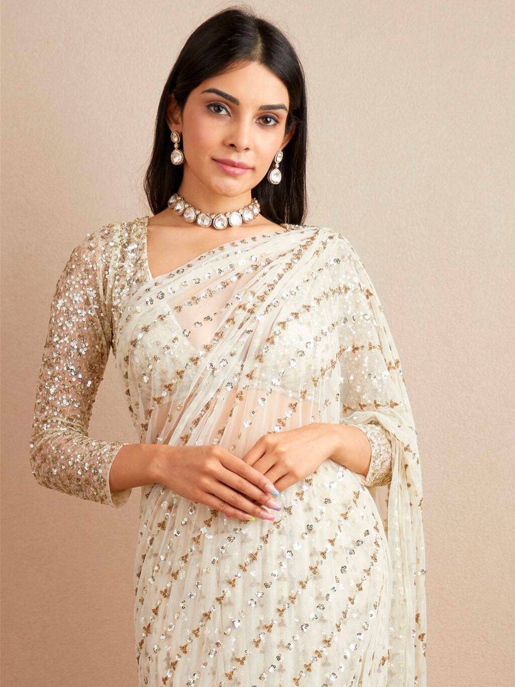 Image of Off White Georgette Saree