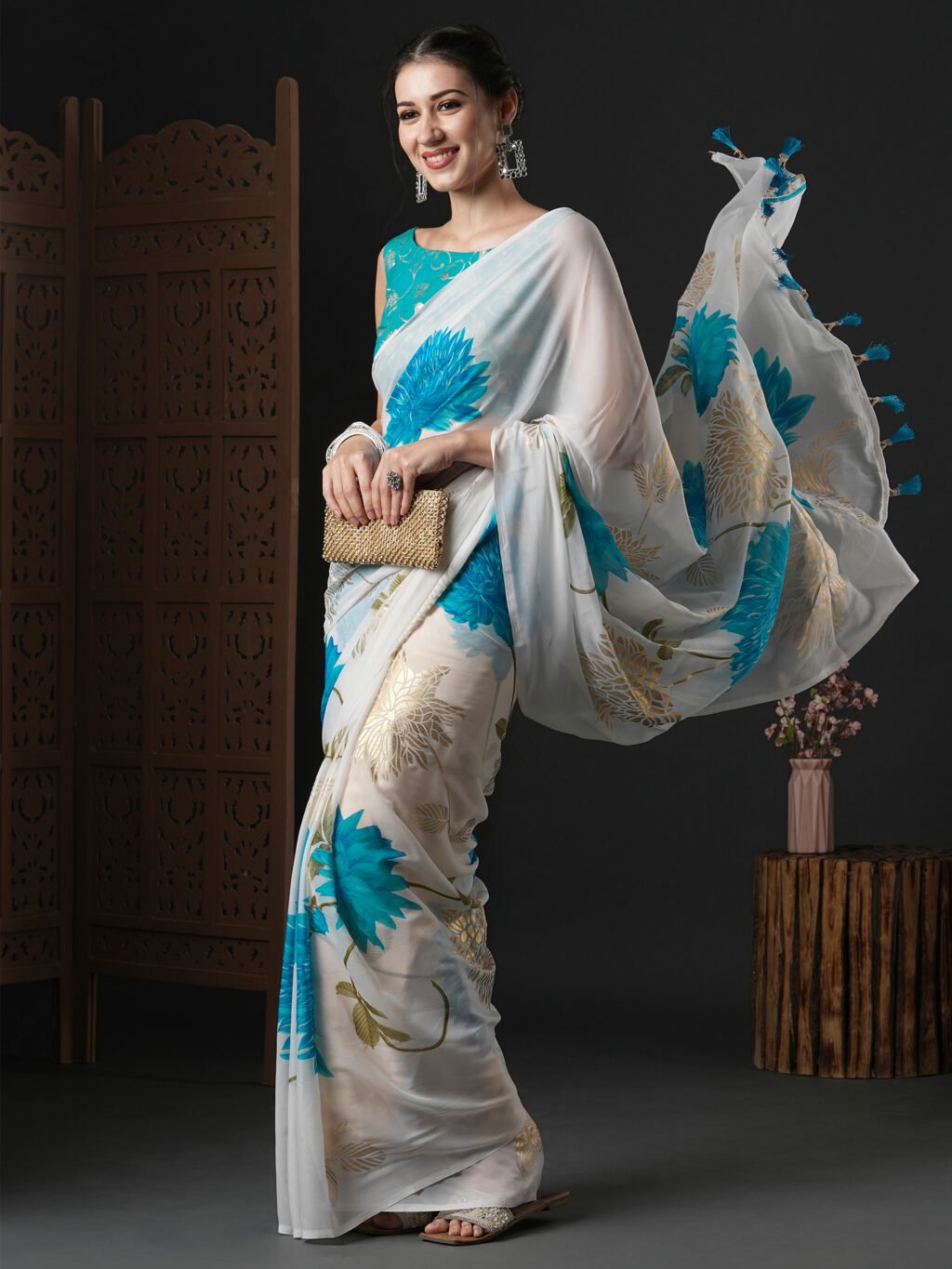 White Georgette Saree - Image 3
