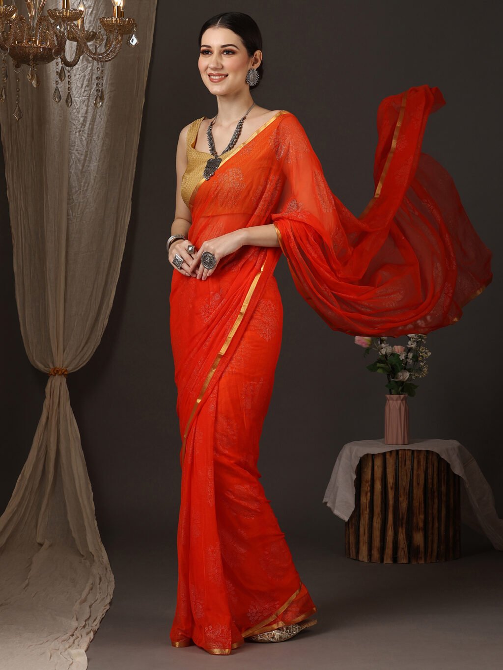 Image of Orange Chiffon Saree
