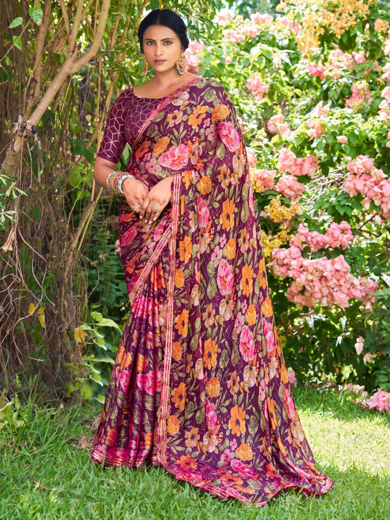 Image of Burgundy Chiffon Saree