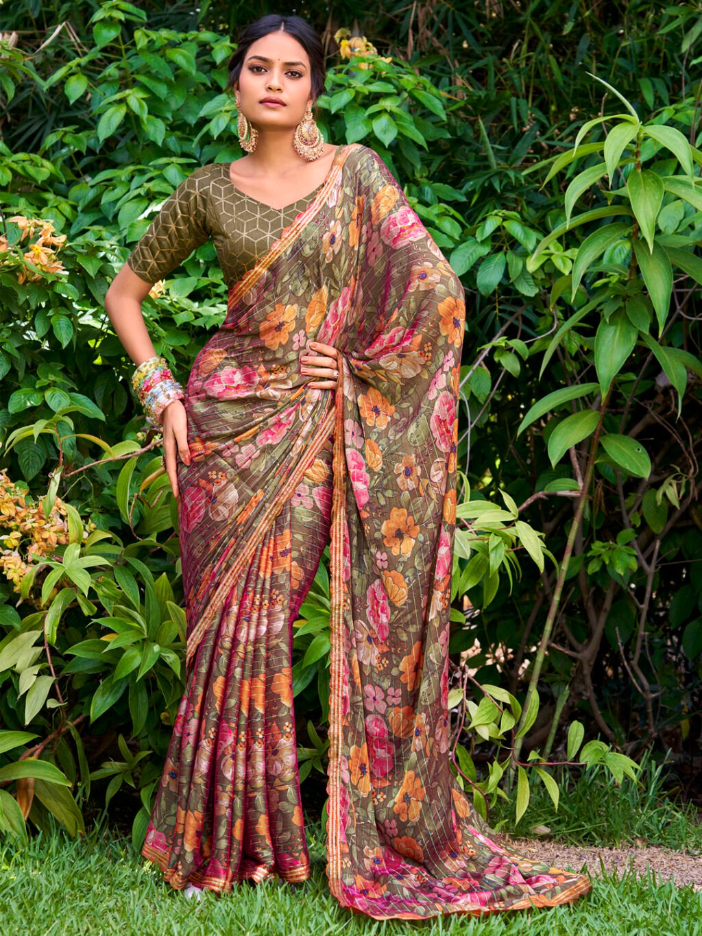 Image of Olive Chiffon Saree
