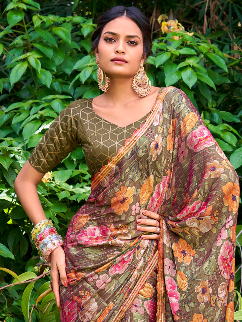 Olive Chiffon Saree - Image 3