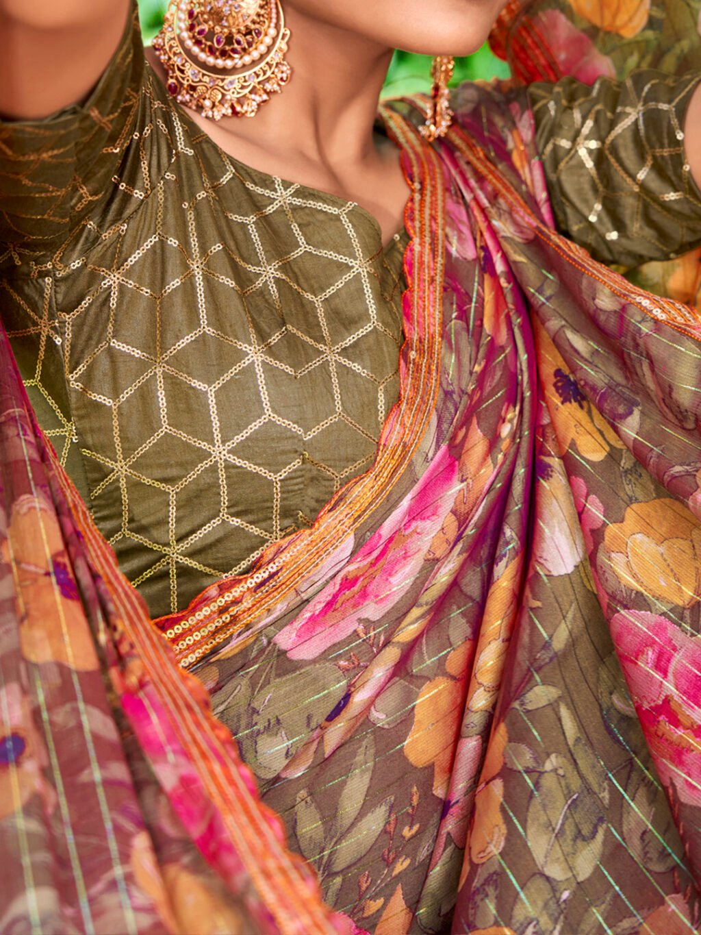 Olive Chiffon Saree - Image 4
