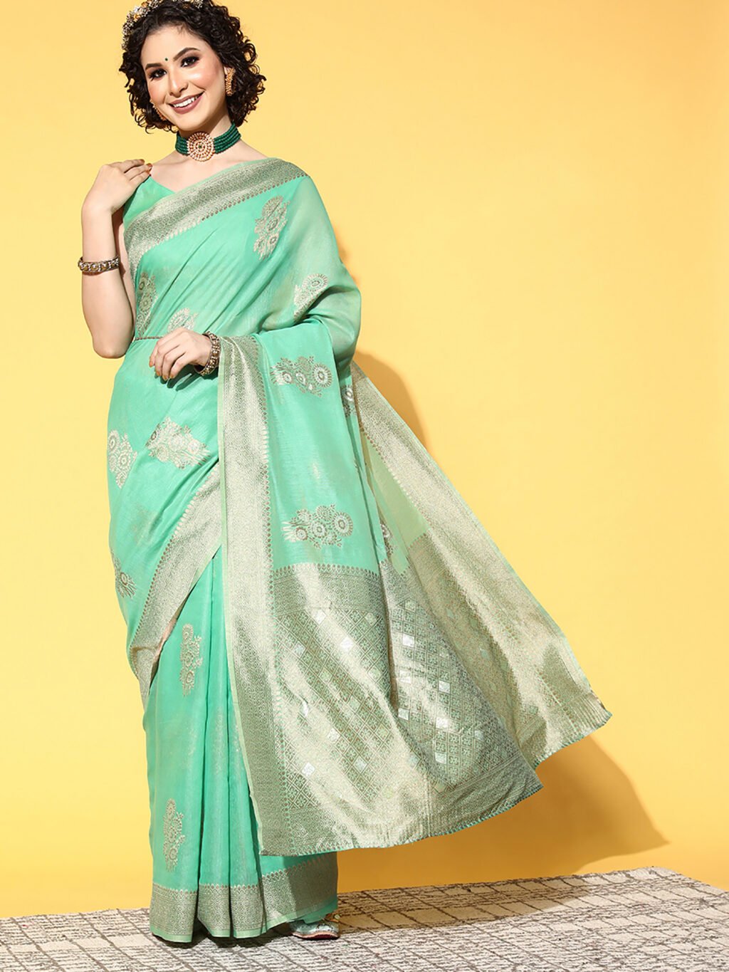 Image of Turquoise Cotton Saree