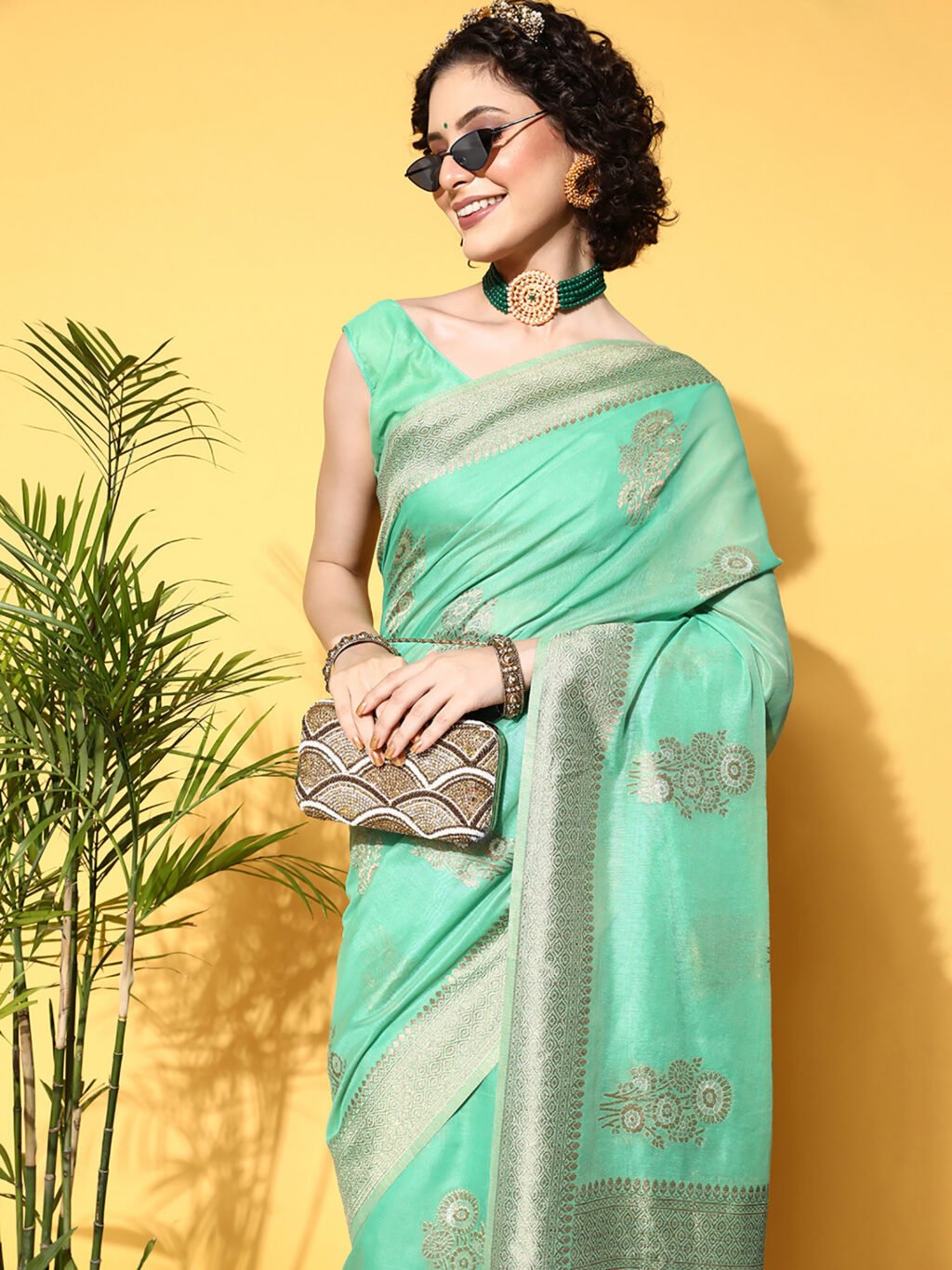 Turquoise Cotton Saree - Image 4