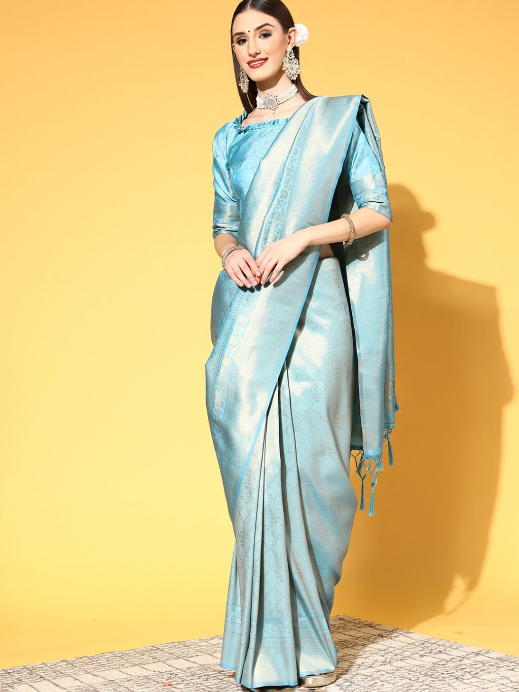 Image of Turquoise Silk Saree