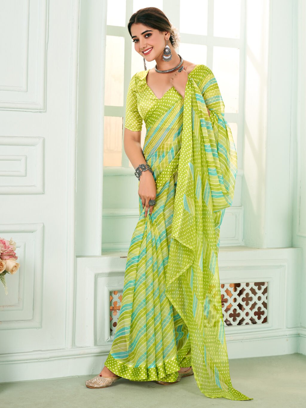 Image of Green Chiffon Saree