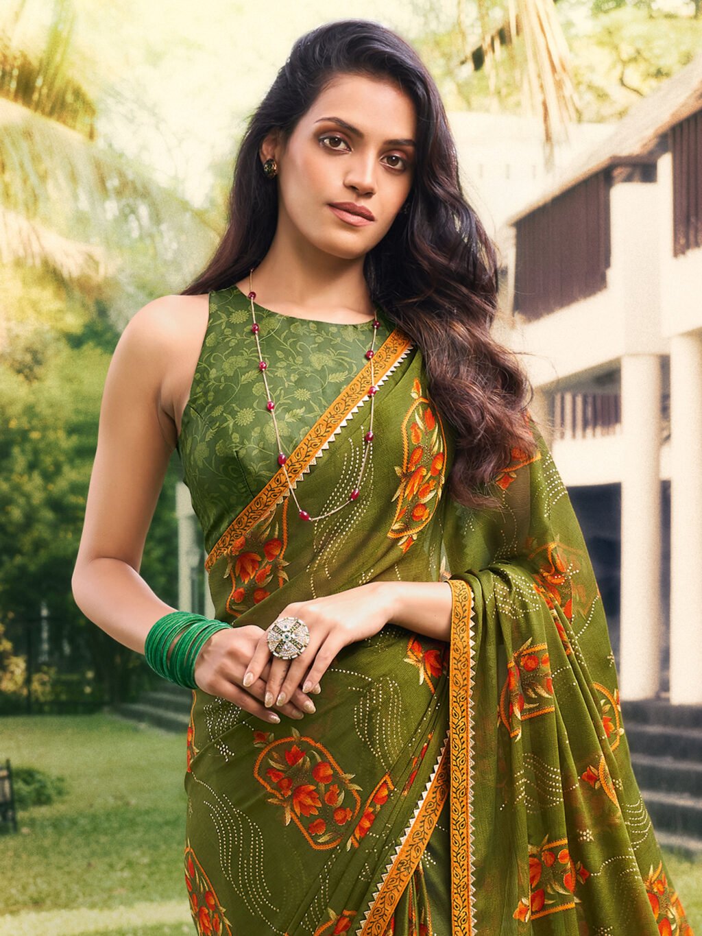 Olive Chiffon Saree - Image 3