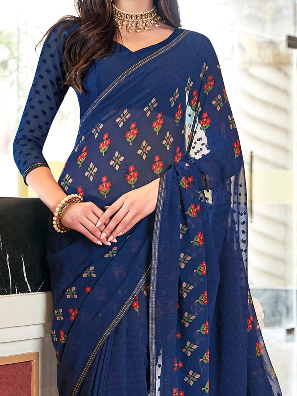 Navy Blue Designer Georgette Saree - Image 3