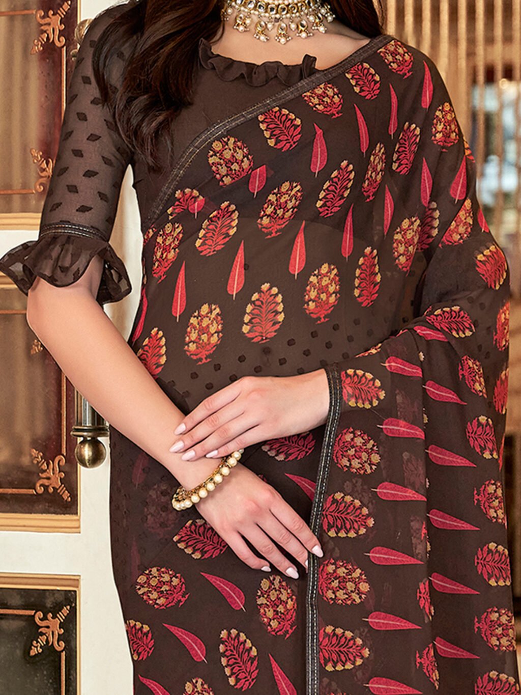 Chocolate Brown Designer Georgette Saree - Image 3