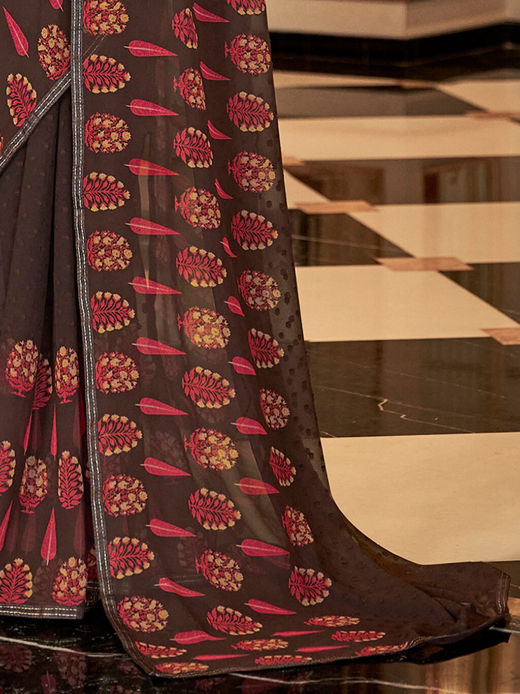 Chocolate Brown Designer Georgette Saree - Image 4