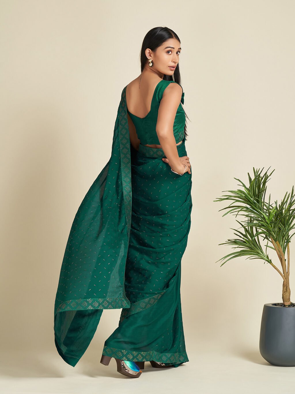 Partywear Green Soft Satin Silk  Saree - Image 3