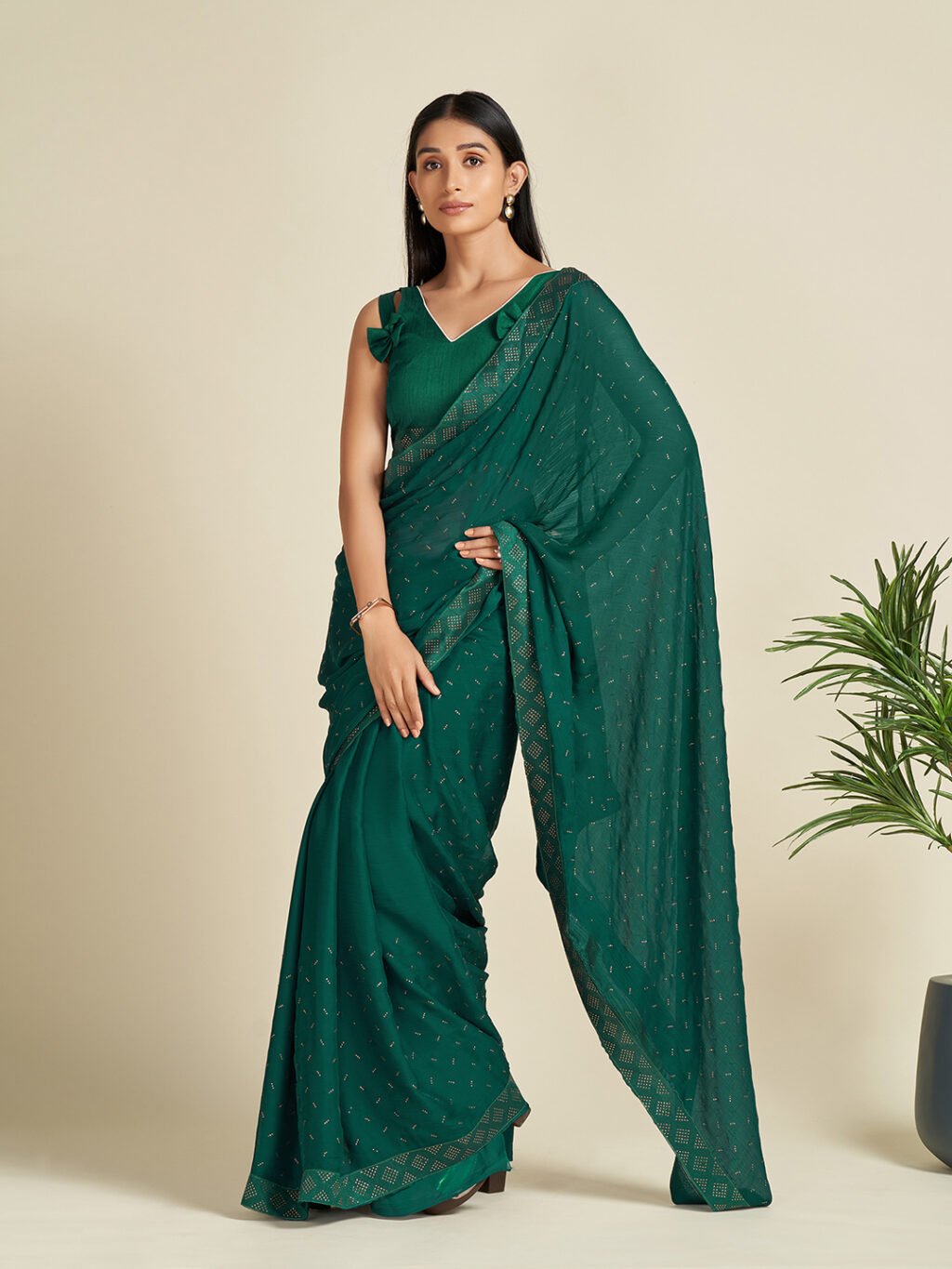Partywear Green Soft Satin Silk  Saree - Image 4
