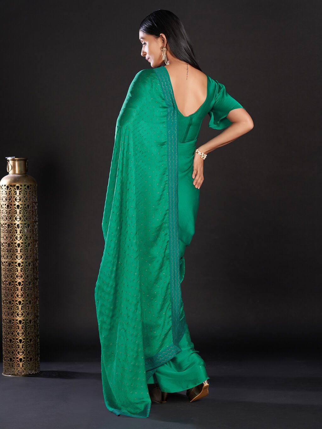 Hunter Green Soft Satin Silk Saree - Image 3