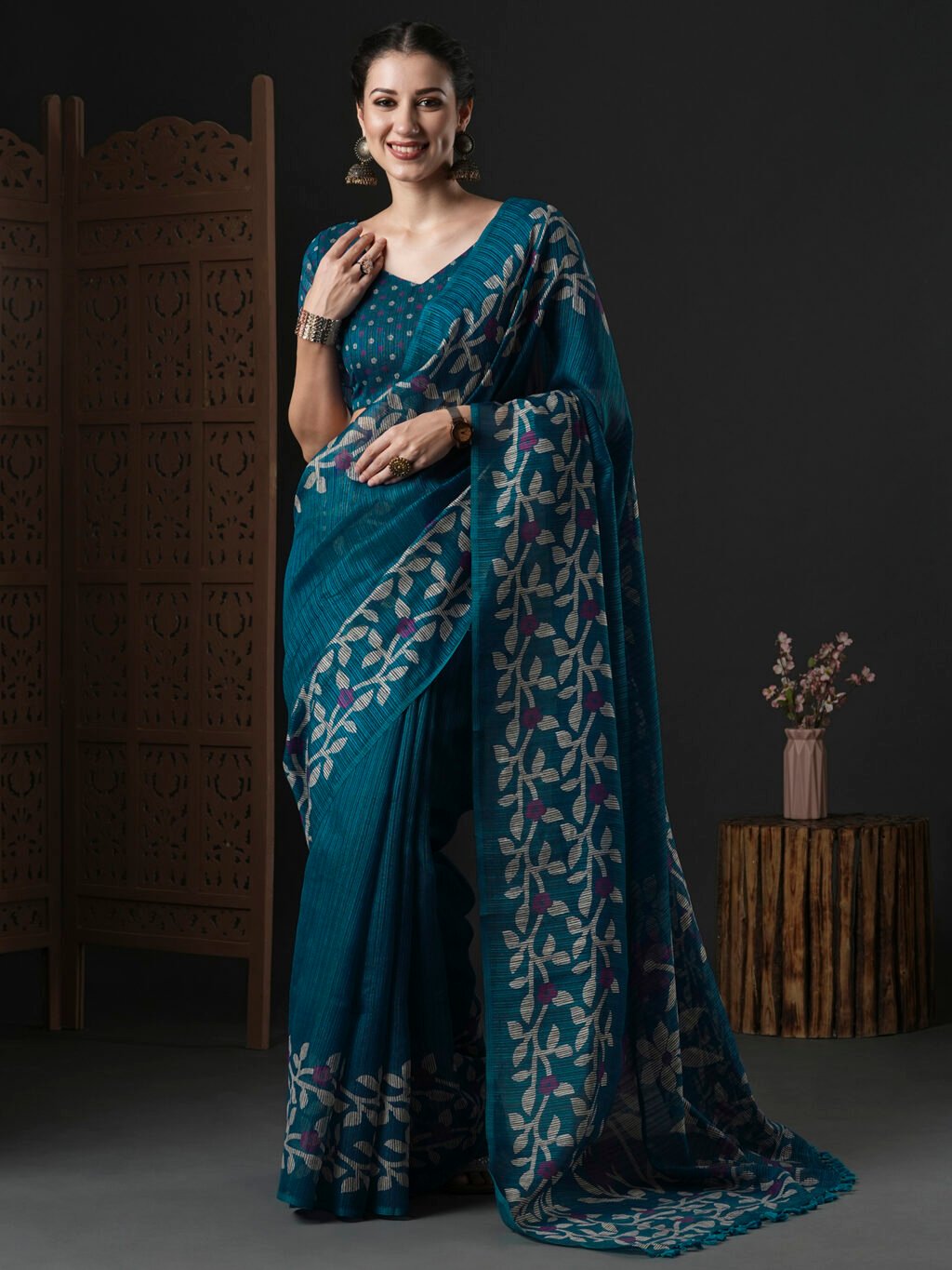 Image of Teal Blue Cotton Saree