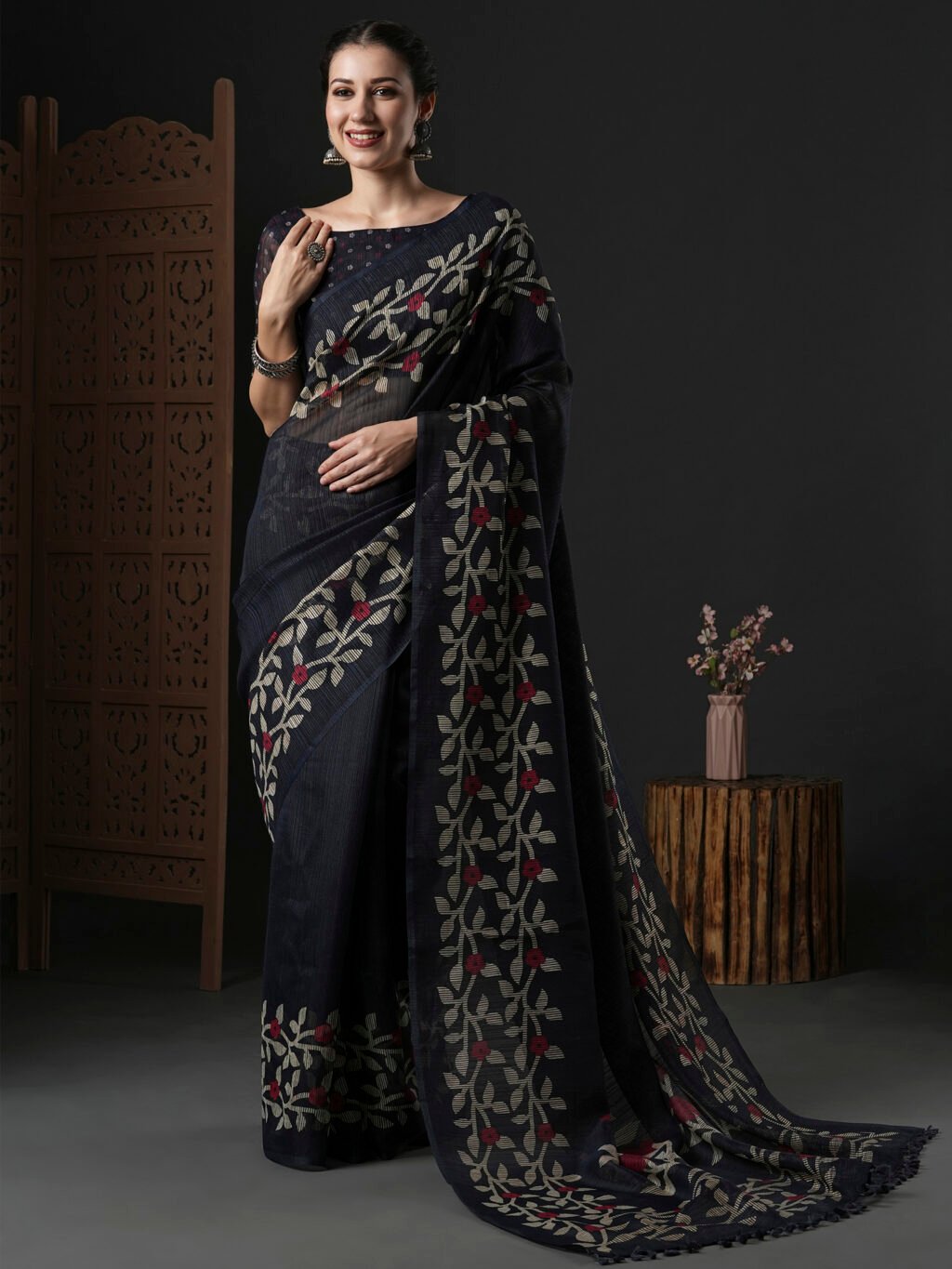 Image of Black Cotton Saree