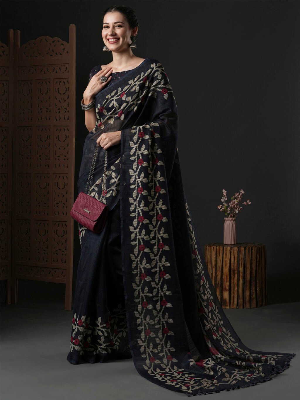 Ethnic Black Branded Cotton Saree - Image 3